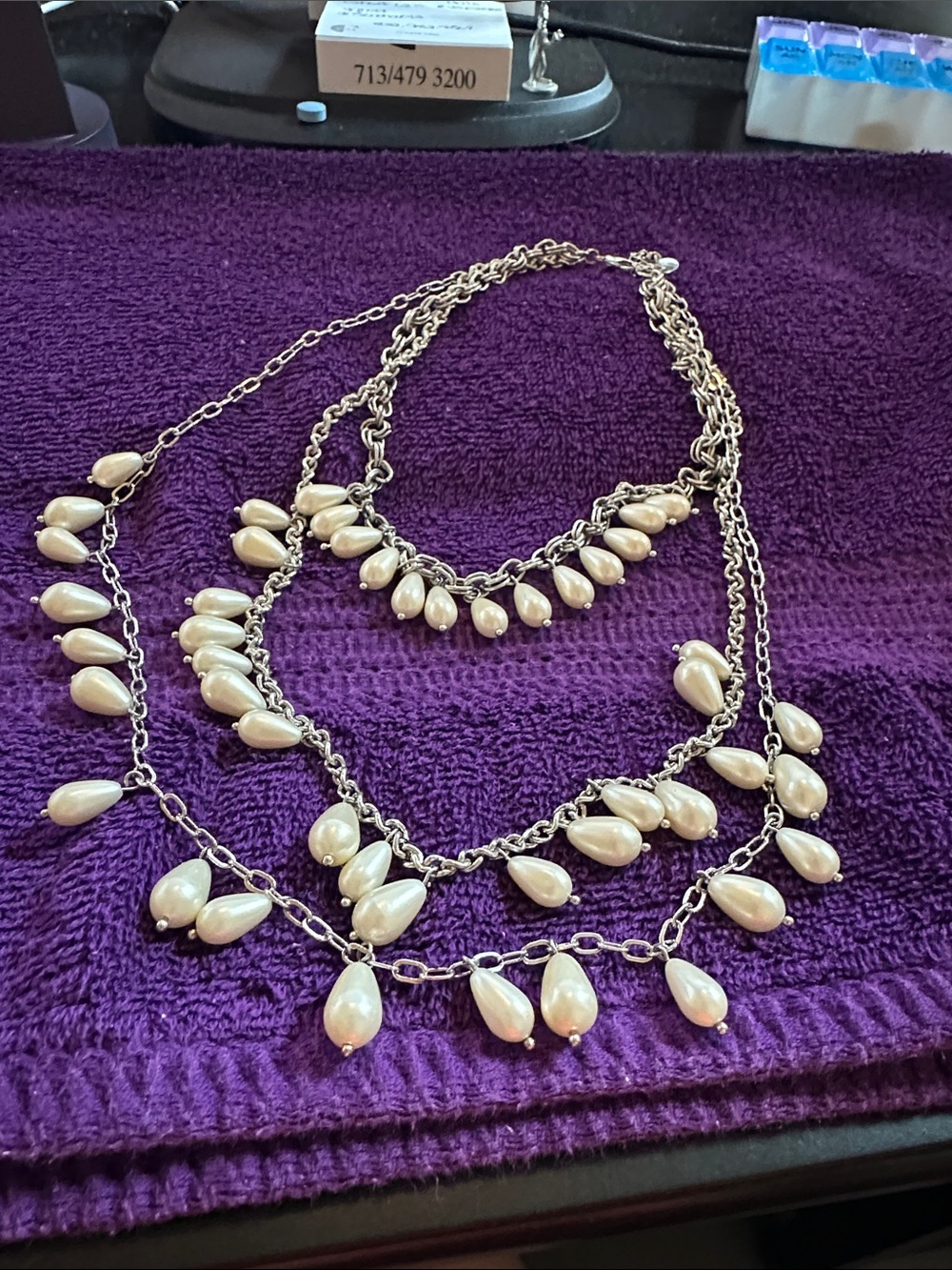 Layered Pearl Teardrop Necklace - Cream Pearls on Silver Chain